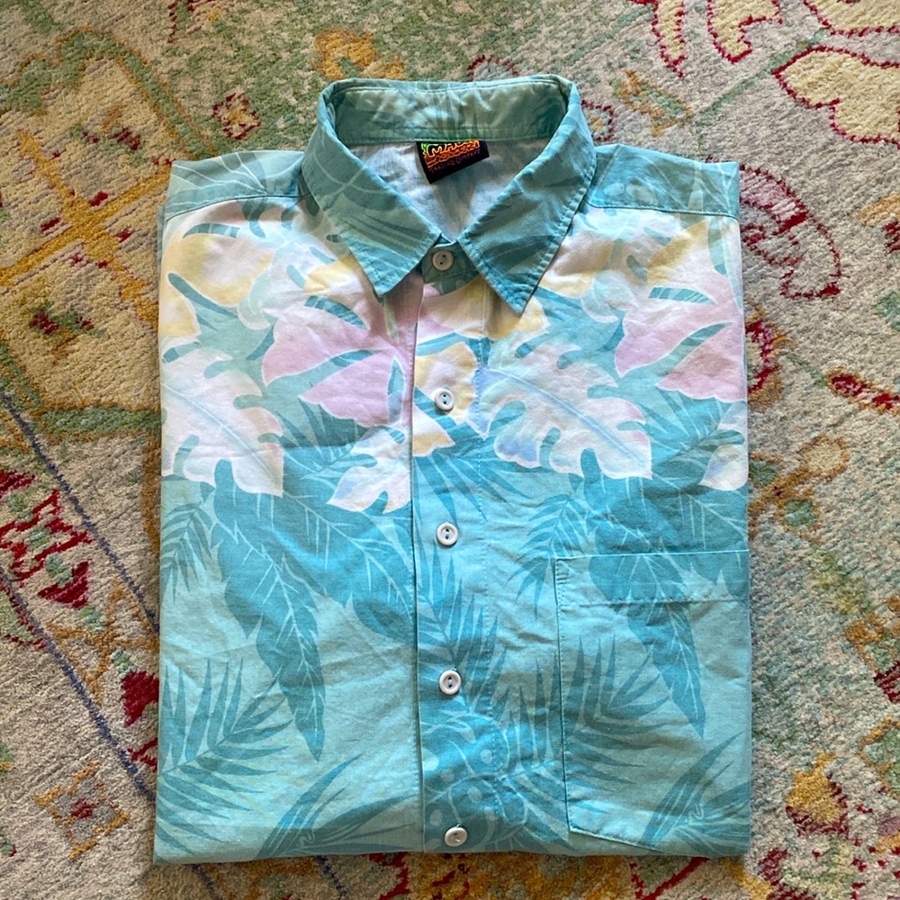 Men's Vintage Hawaiian Shirt Size Large Blue Pink Floral Aloha Palm Hibiscus 90s - Picture 2 of 7